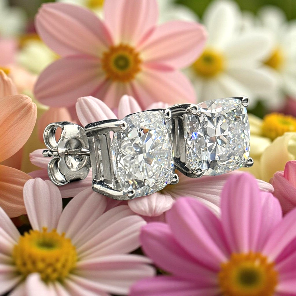 4.00 Cushion E VS1 Lab Grown Diamond Studs IGI Certified 14k White Gold