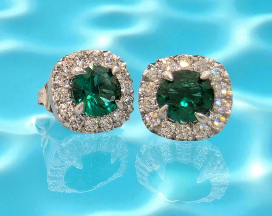 1.50 Ct Lab Grown Emerald and Diamond Earrings 14k White Gold GIA Authenticated