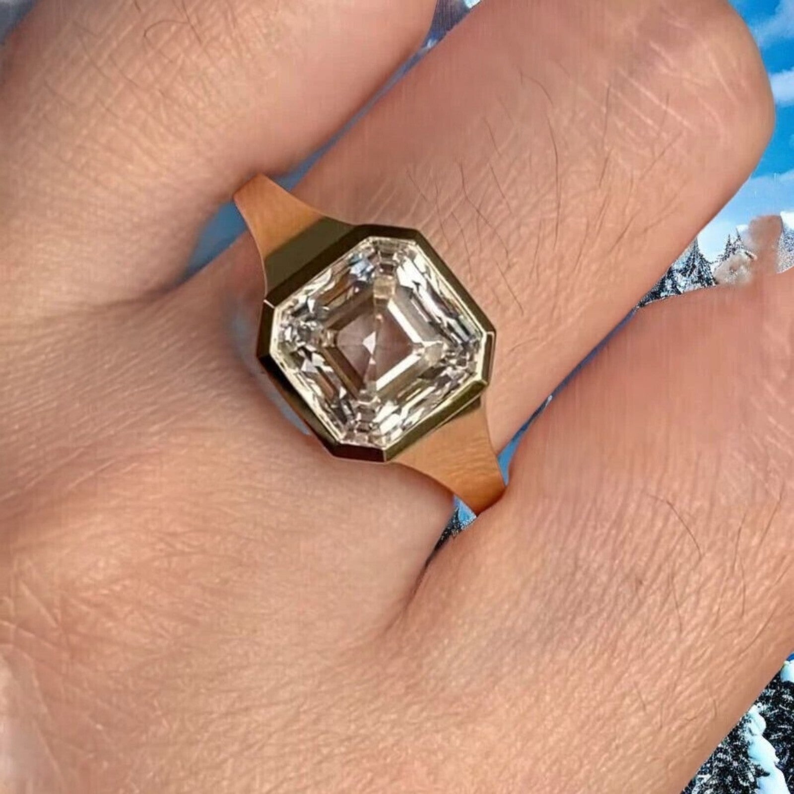 3.00 Ct Lab Grown Asscher Cut Diamond D VS1 Men's Ring 14k Yellow IGI Certified