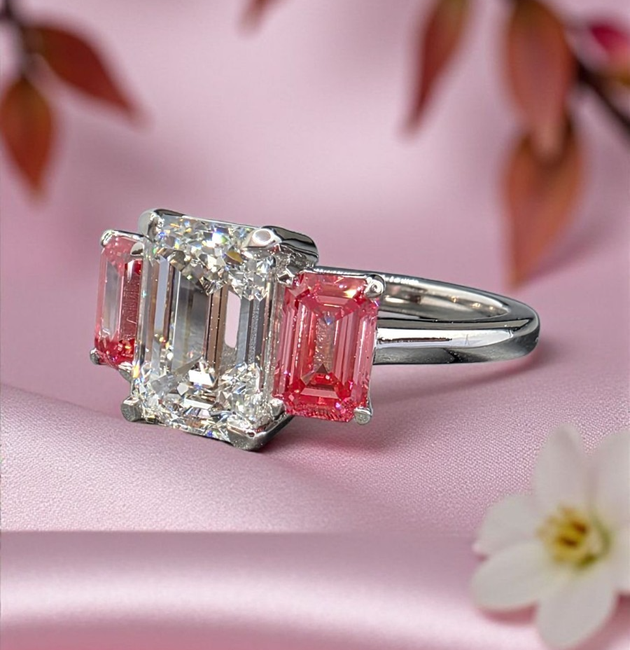 4.60 CT D VS1 Emerald Cut Lab Grown Diamond 3 Stone Ring Platinum IGI Certified
