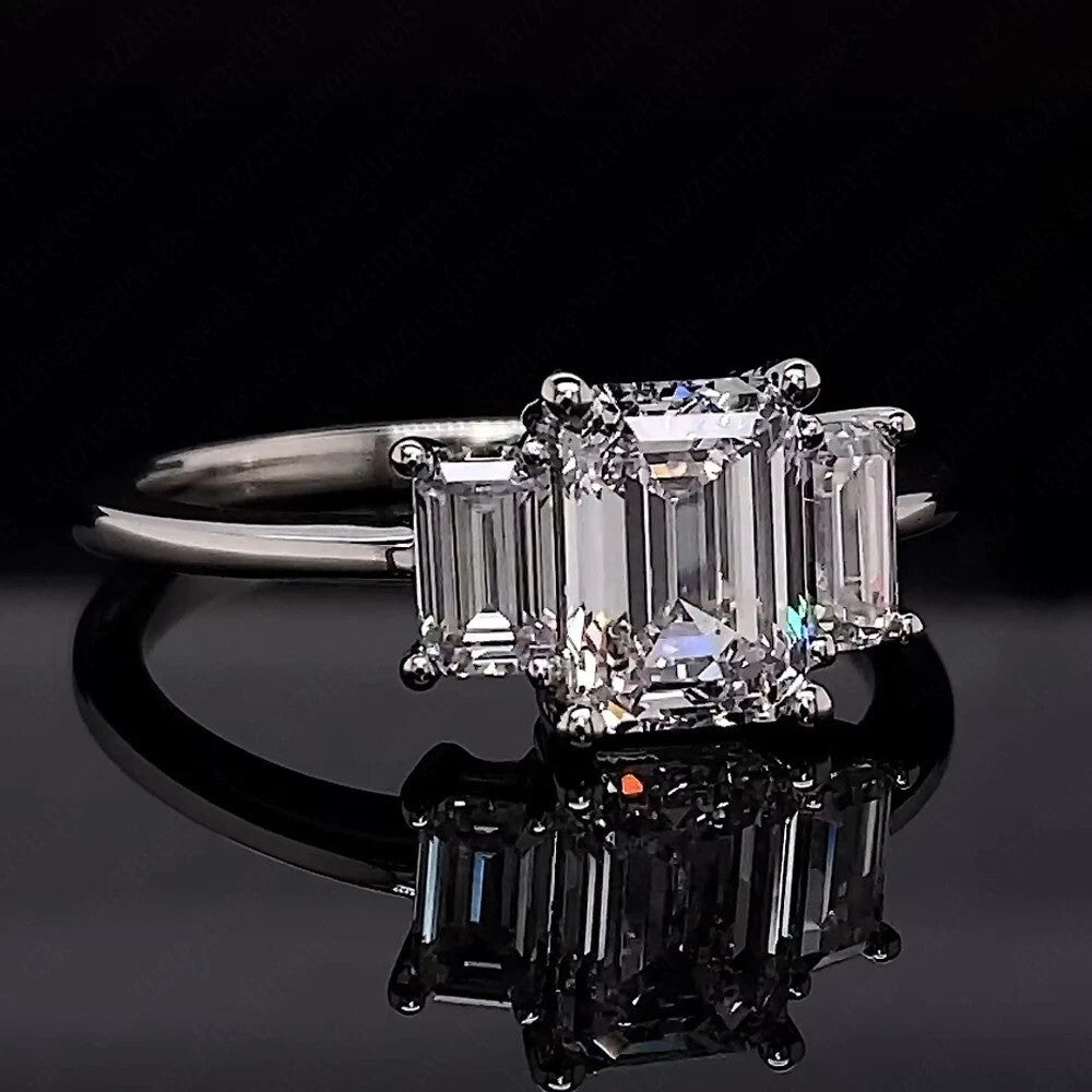 4.00 CT D VS1 Emerald Cut Lab Grown Diamond 3 Stone Ring Platinum IGI Certified
