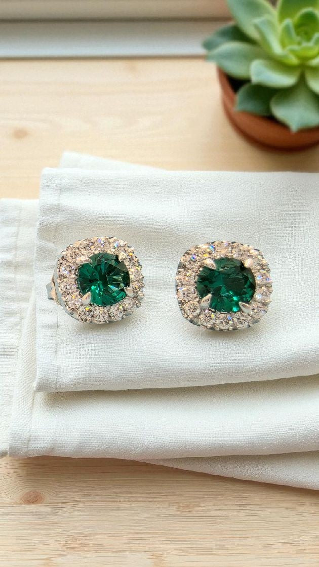 1.50 Ct Lab Grown Emerald and Diamond Earrings 14k White Gold GIA Authenticated