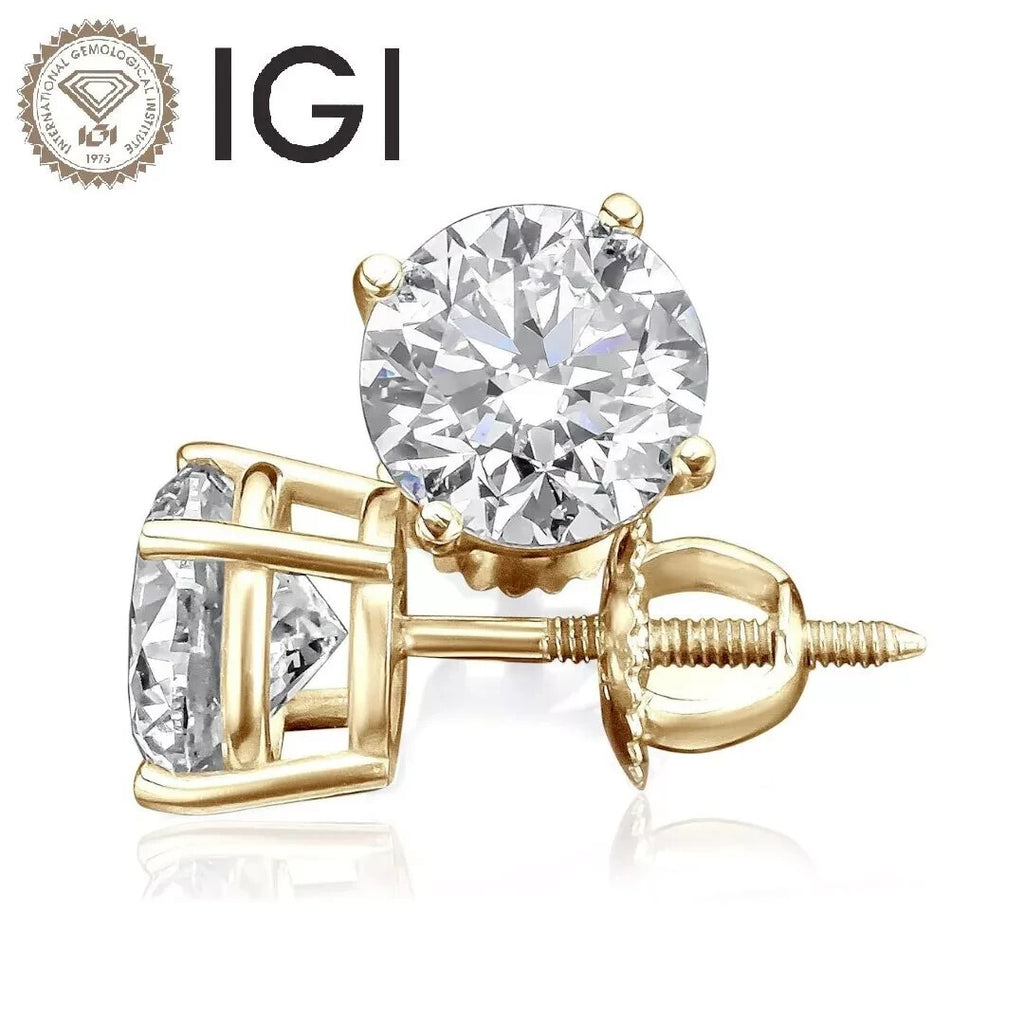 IGI 2.00 Carat Lab Grown Diamond Studs Earrings 14k Yellow Gold D VVS2