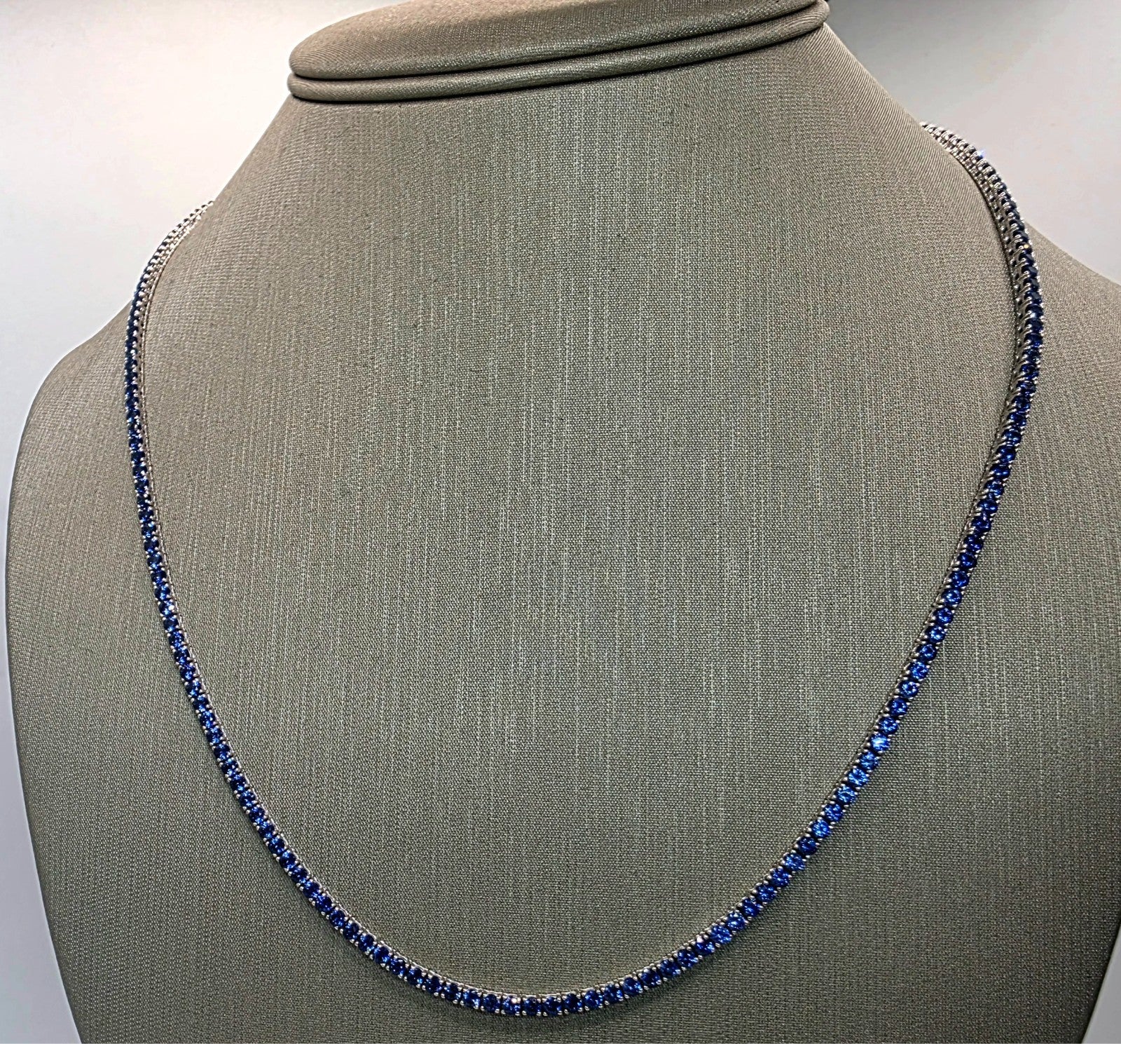 14.00 Ct 14k White Gold Lab Grown Eternity Sapphire Tennis Necklace, 17” NEW!