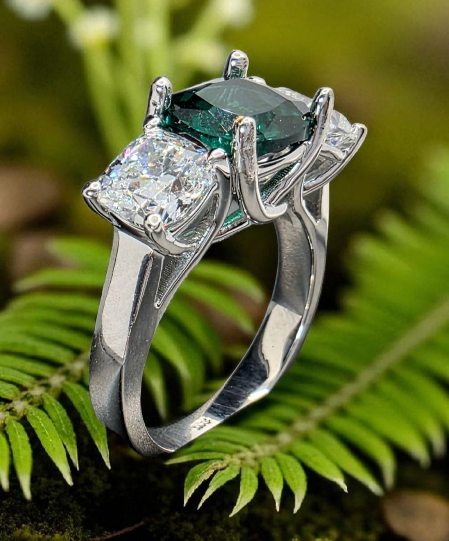 4.00 Ct Cushion Lab Grown Emerald and Diamond Ring 14k IGI GIA Authenticated