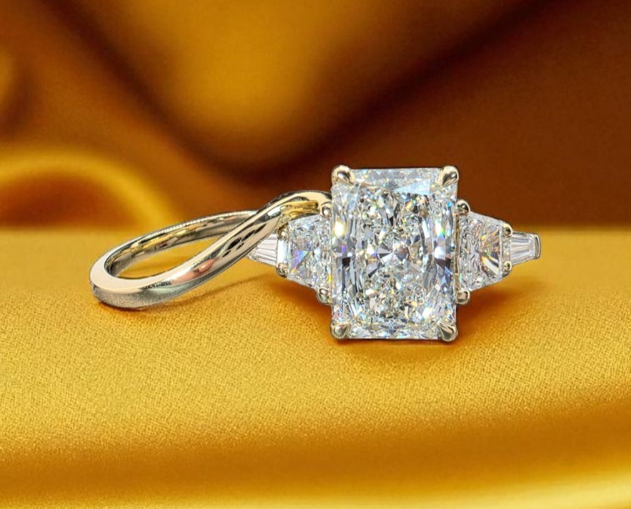 4.70 Ct E VS1 Radiant Lab Grown Diamond Ring IGI Certified 14k Gold W/ Band