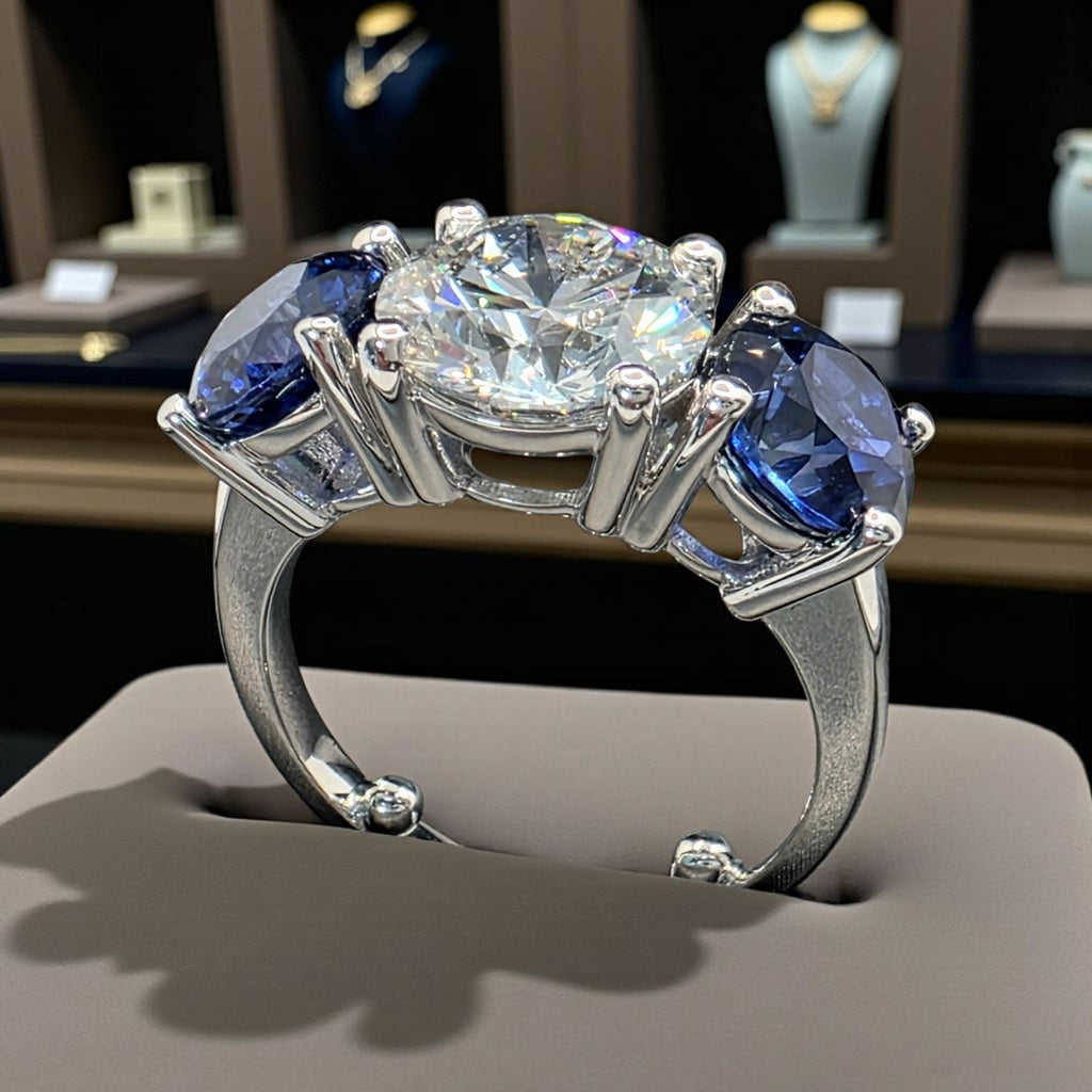 6.00 Ct E VS1 Sapphire and Diamond Lab Grown 3 Stone Ring 14k White Gold
