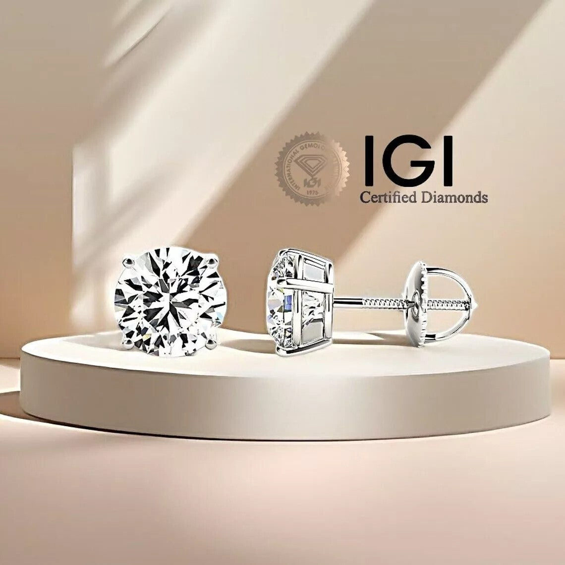 3.00 Carat IGI Certified E VS1 Lab Grown Diamond Stud Earrings 14K Yellow Gold