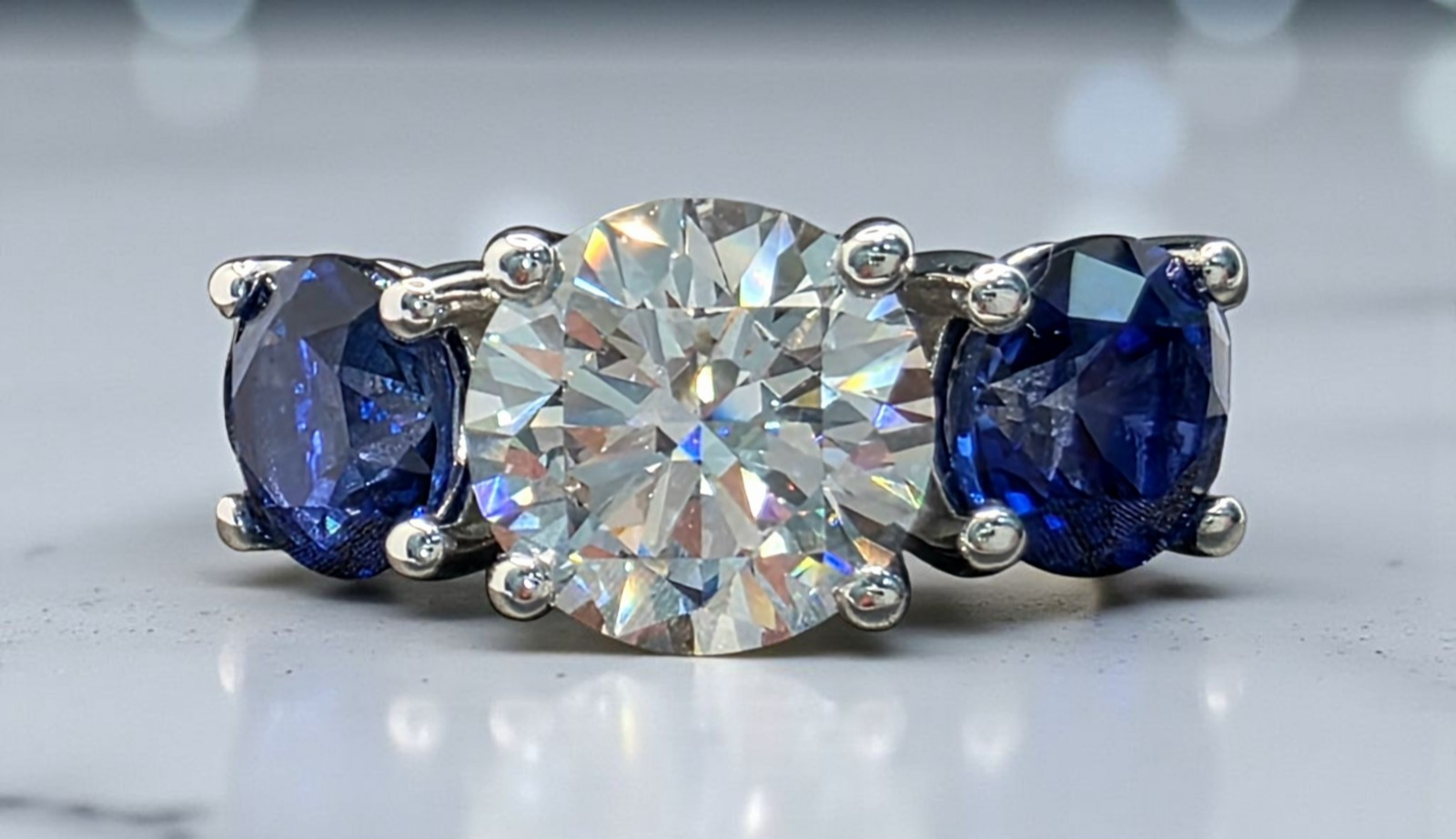 4.00 Ct D VS1 Sapphire and Diamond Lab Grown 3 Stone Ring 14k White Gold