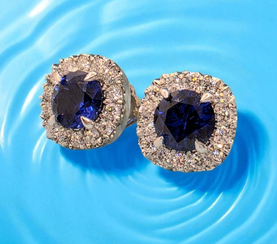 1.50 Ct Lab Grown Sapphire and Diamond Earrings 14k White Gold GIA Authenticated