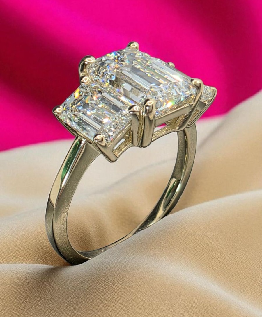 5 Carat IGI CERTIFIED D VS1 Emerald Cut Lab Grown Diamond Three Stone Ring 14k