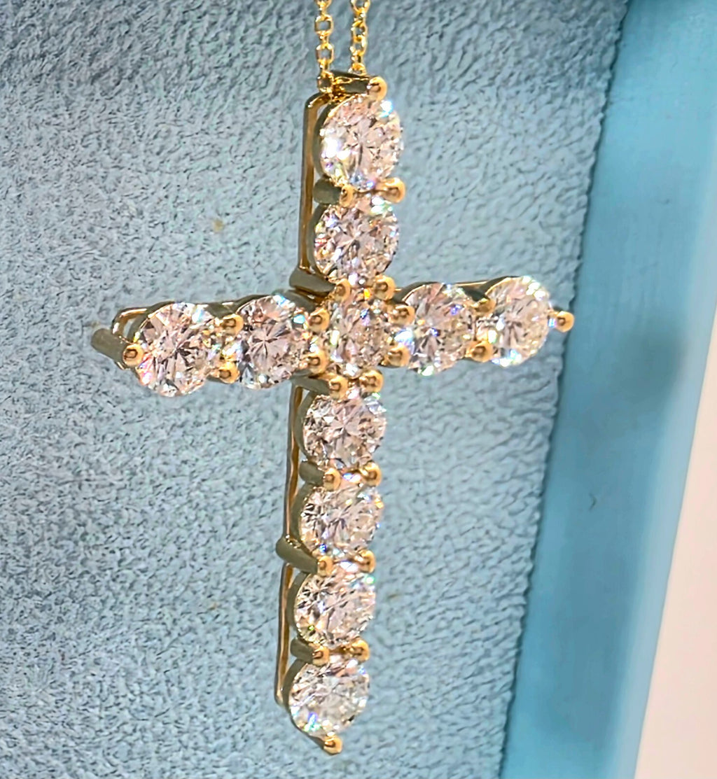 7.73 Ct E VS Round Lab Grown Large Diamond Cross Pendant Necklace 14k Gold
