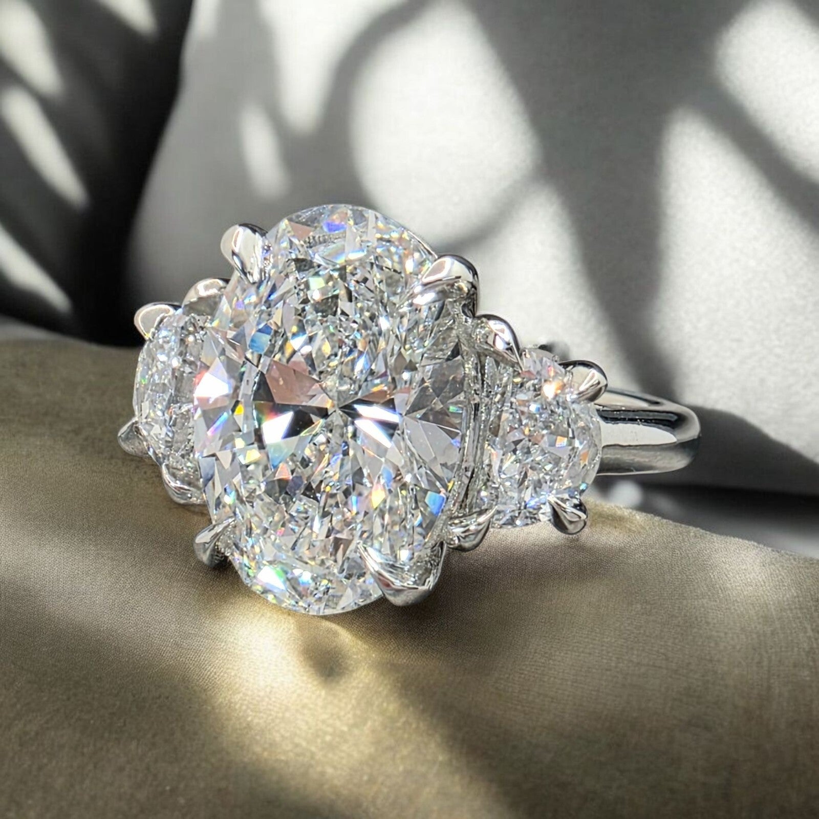 5.80 Ct F VS1 Platinum Oval Diamond Lab Grown Diamond 3 Stone Ring IGI Certified