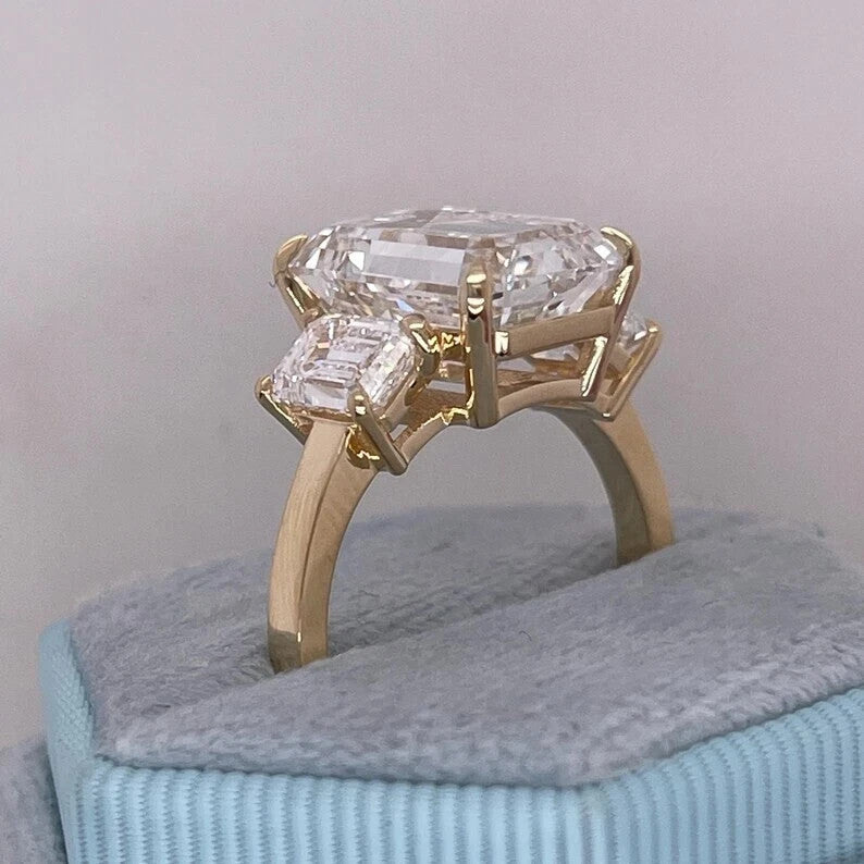 8.00 Carat Emerald Cut Lab Grown Diamond Three Stone Ring 14k Gold IGI Certified