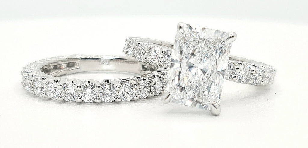 5.69 Ct E VS1 Lab Grown Radiant Diamond Ring Set IGI Certified 14k