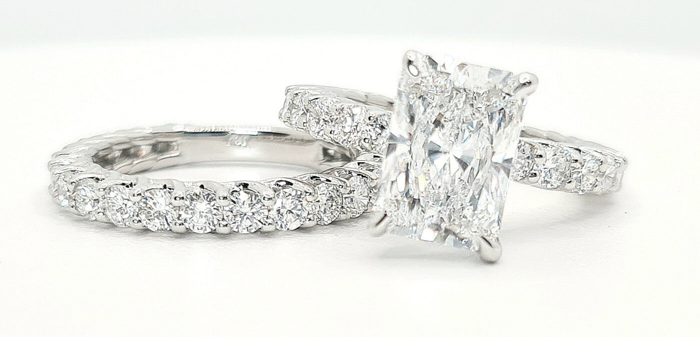 5.69 Ct E VS1 Lab Grown Radiant Diamond Ring Set IGI Certified 14k