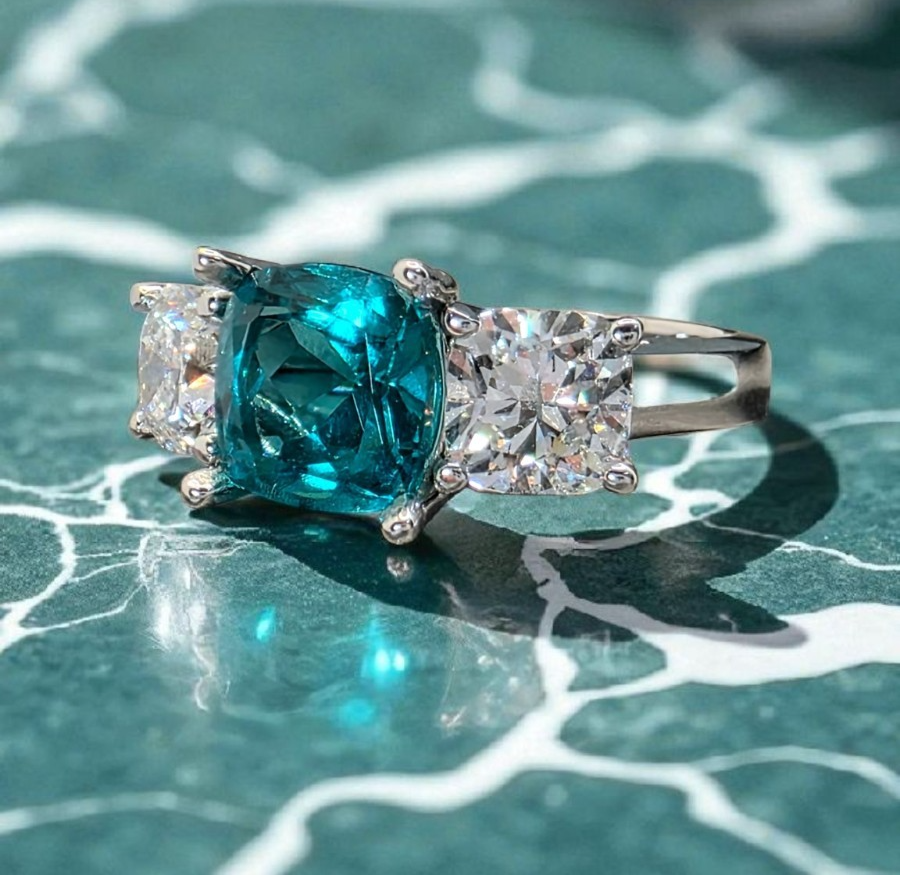 4.00 Ct Cushion Lab Grown Paraiba Tourmaline and Diamond Ring 14k IGI GIA