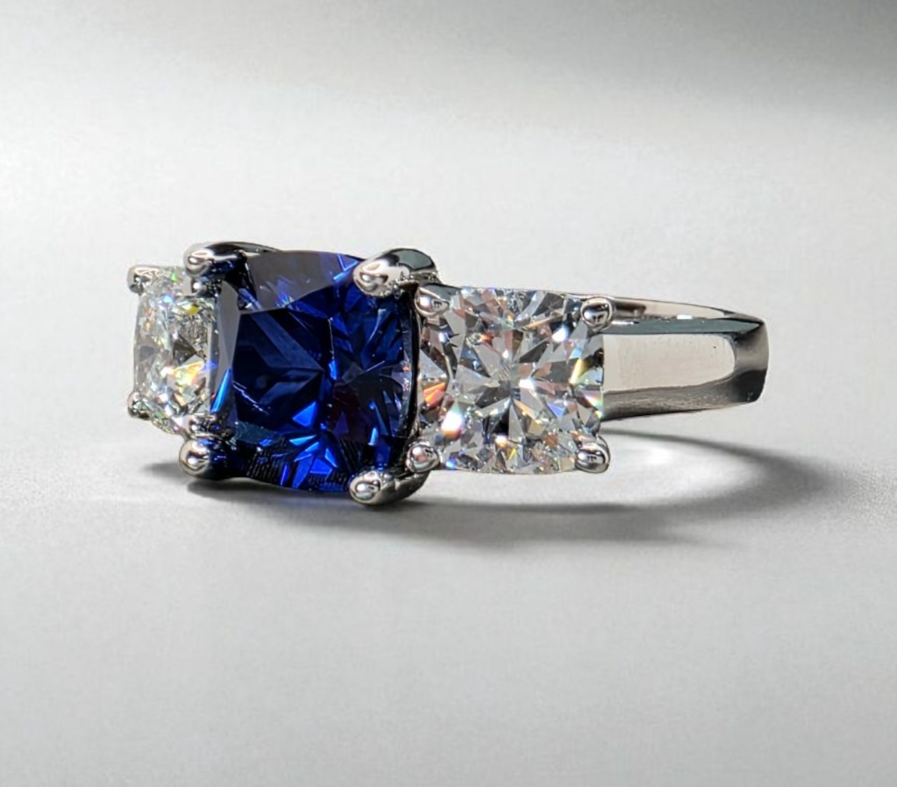 4.70 Ct Cushion Lab Grown Sapphire and Diamond Ring 14k IGI GIA Authenticated