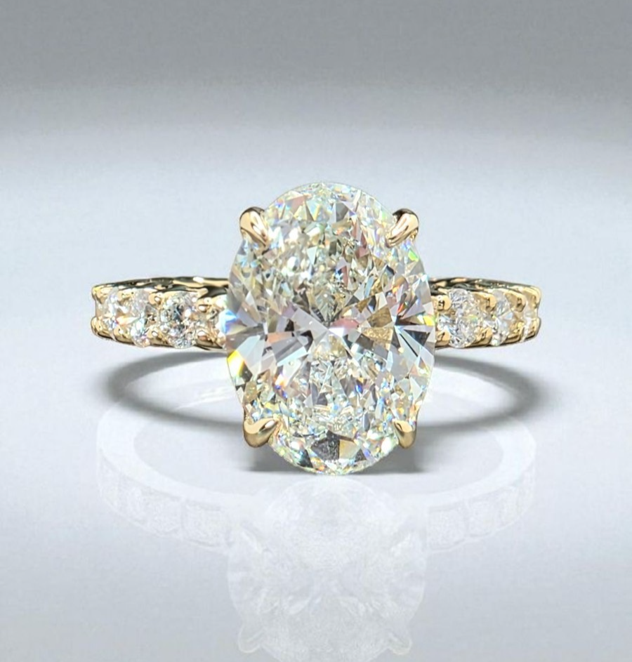 4.16 Ct F VS1 Carat Oval Lab Grown Diamond Ring IGI Certified 14k Yellow Gold
