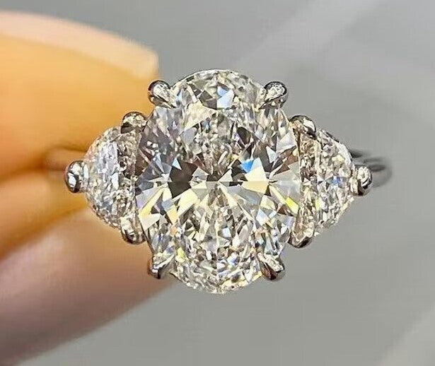3.50 Ct D VS1 Oval Lab Grown Diamond 3 Stone Ring IGI Certified Platinum