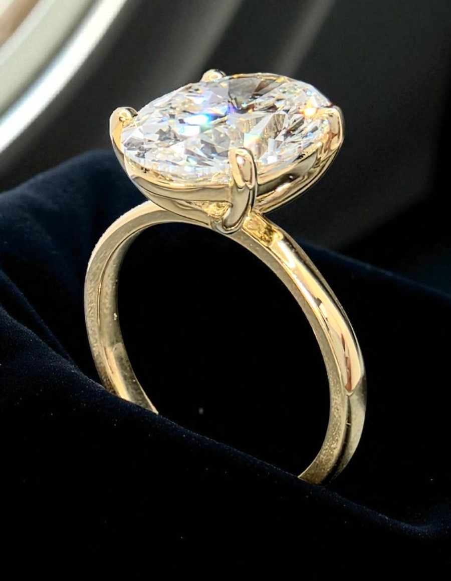 4.00 Ct F VS1 Oval Lab Grown Diamond Ring IGI Certified 14k Yellow Gold