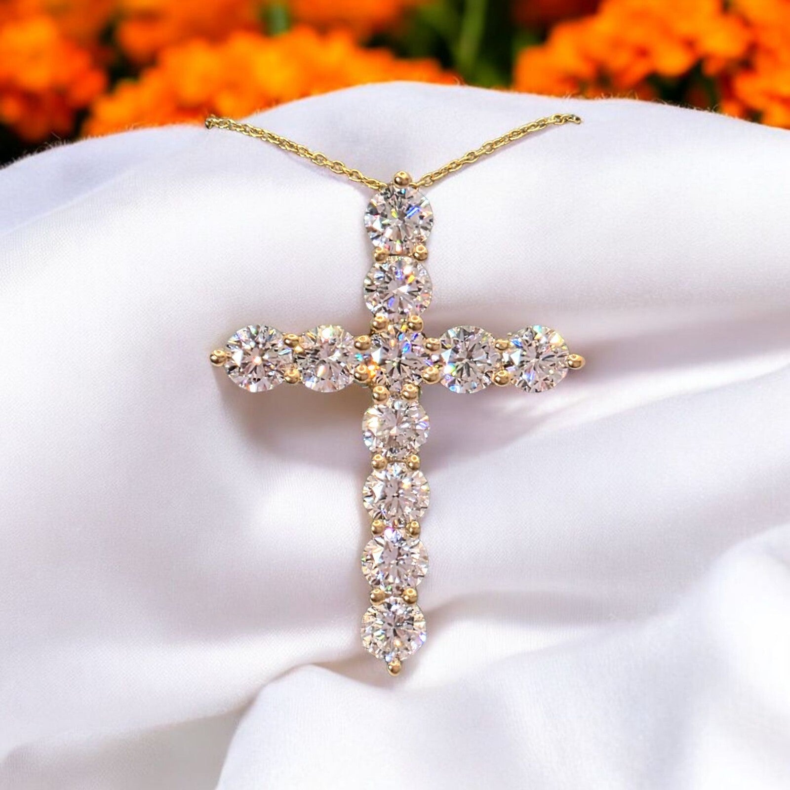 7.73 Ct E VS Round Lab Grown Large Diamond Cross Pendant Necklace 14k Gold
