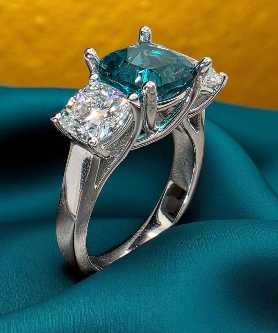 4.00 Ct Cushion Lab Grown Paraiba Tourmaline and Diamond Ring 14k IGI GIA