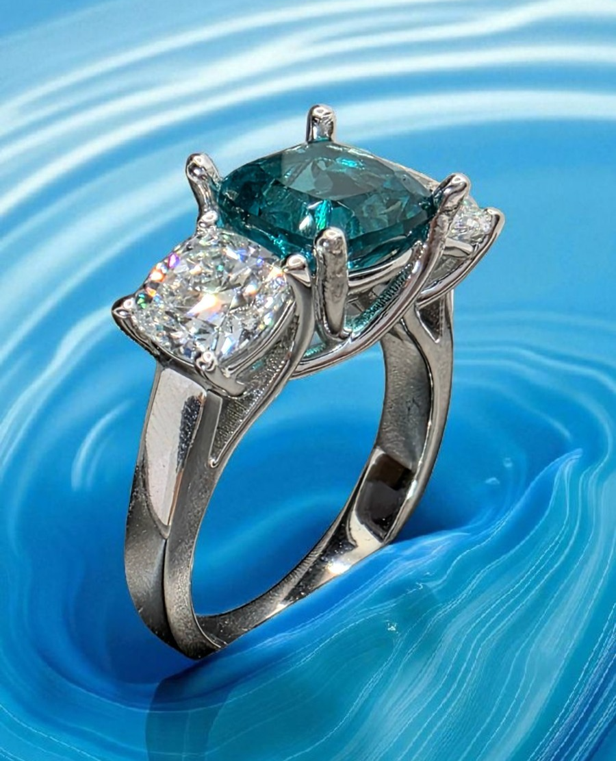 4.00 Ct Cushion Lab Grown Paraiba Tourmaline and Diamond Ring Platinum IGI GIA
