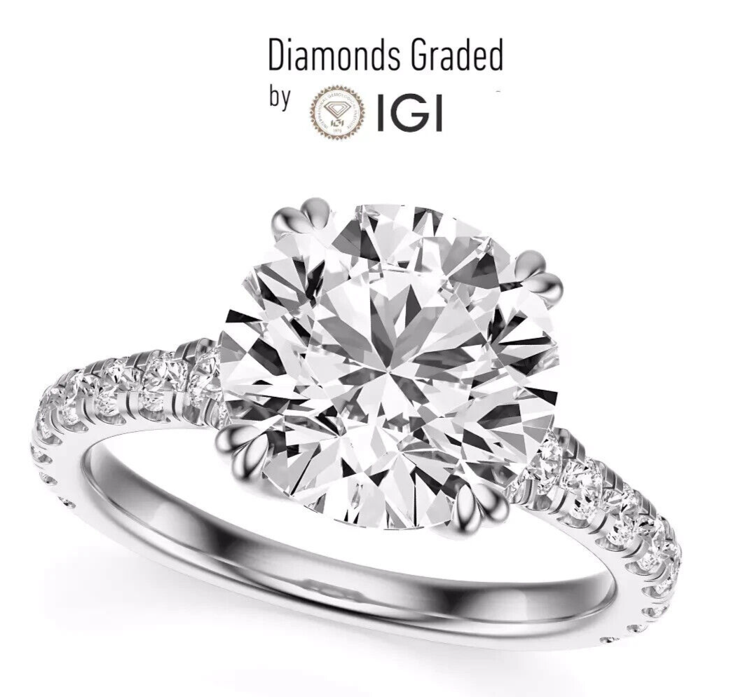 3.50 Ct E VS1 Round Lab Grown Diamond Engagement Ring 14k White IGI Certified