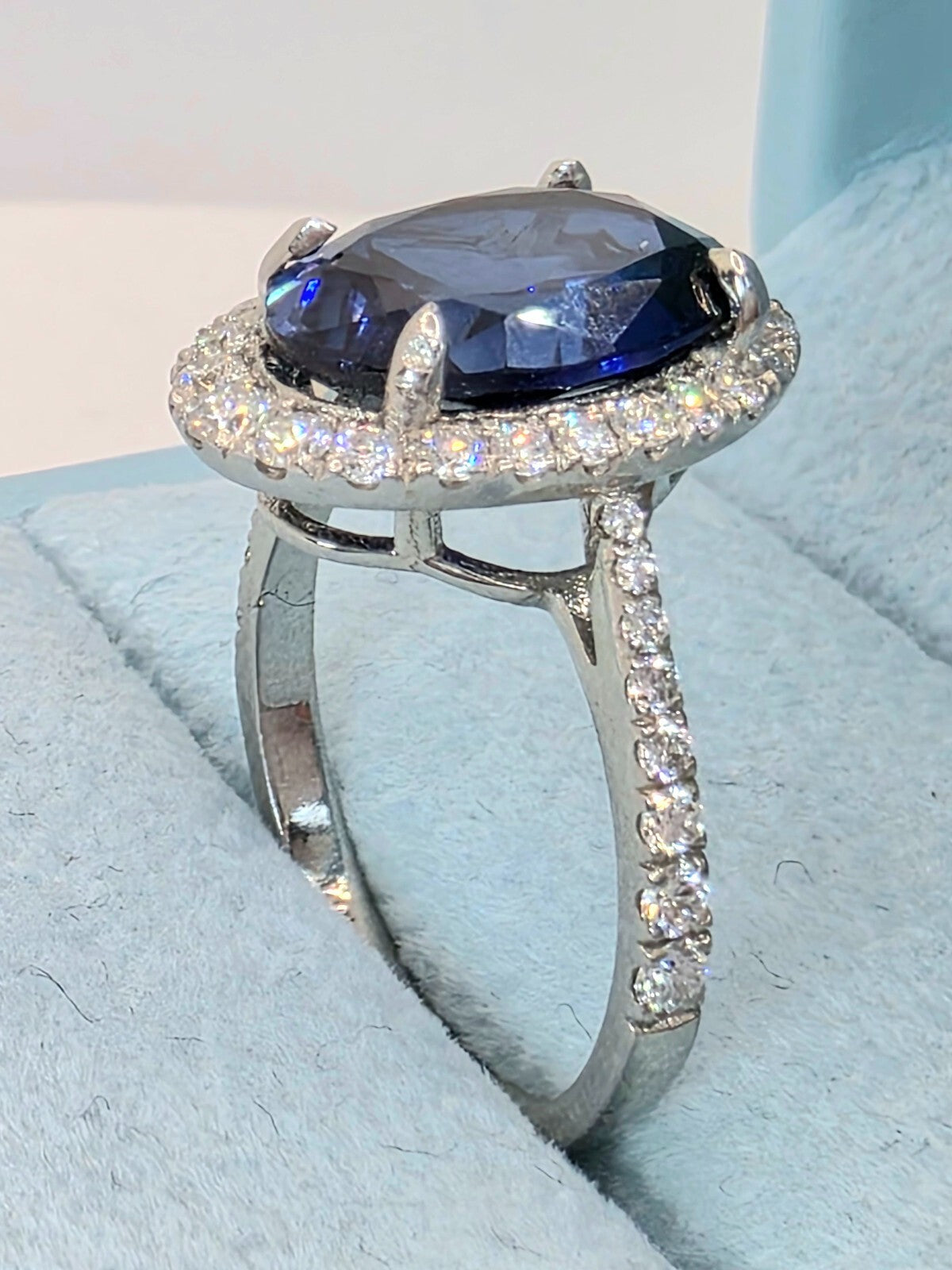 4.68 Ct Lady Di Lab Grown Sapphire and Diamond Ring 14k White GIA Authenticated