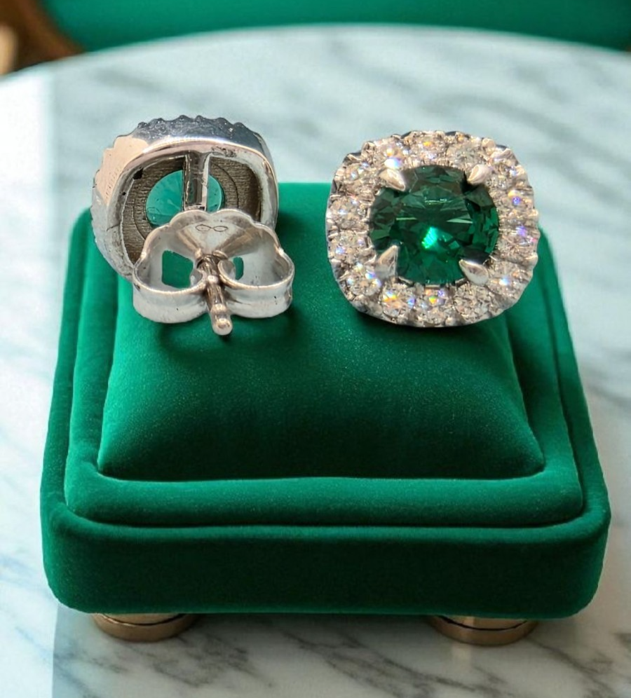 1.50 Ct Lab Grown Emerald and Diamond Earrings 14k White Gold GIA Authenticated