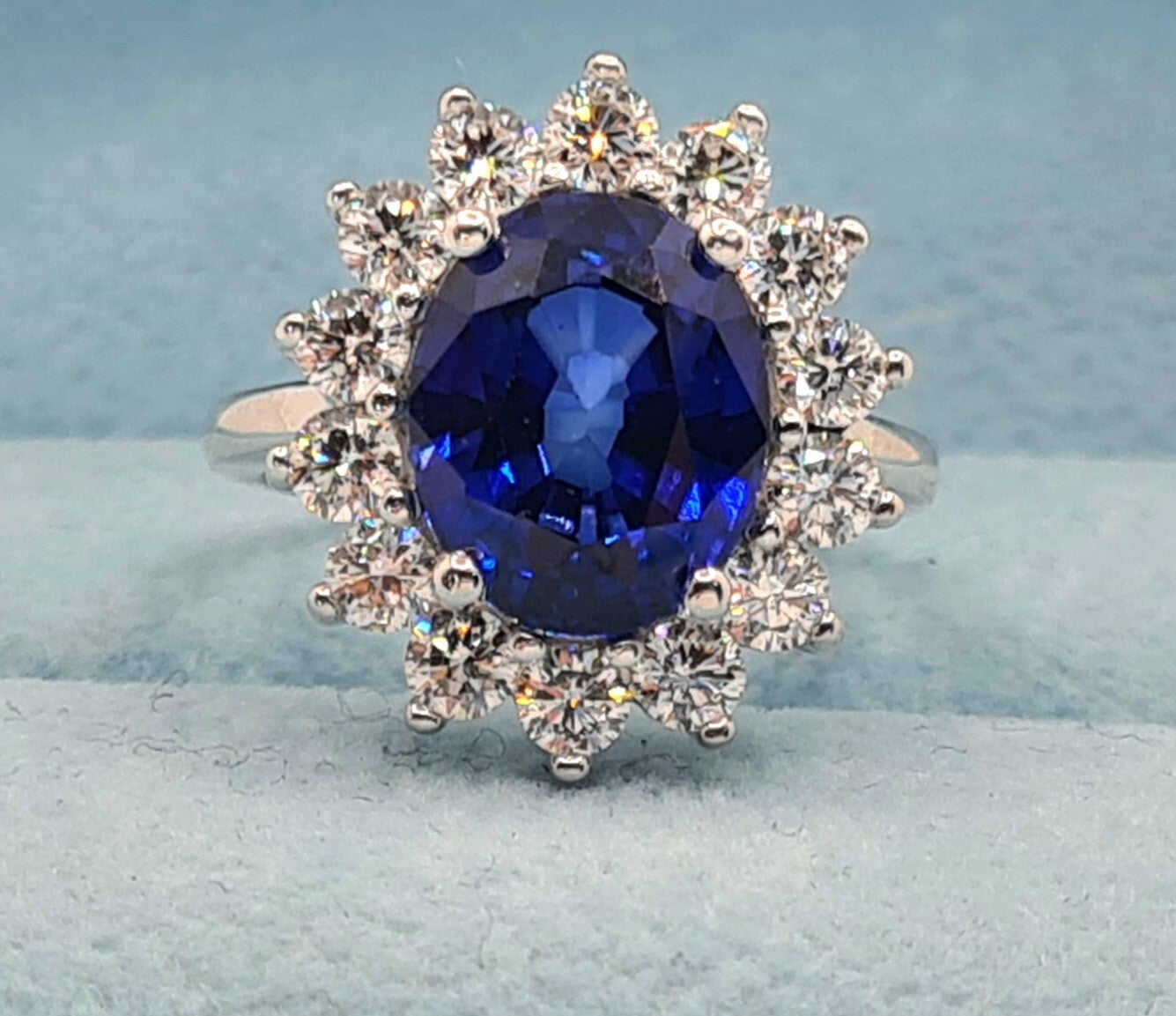 6.23 Ct Lady Di Lab Grown Sapphire and Diamond Ring 14k White GIA Authenticated