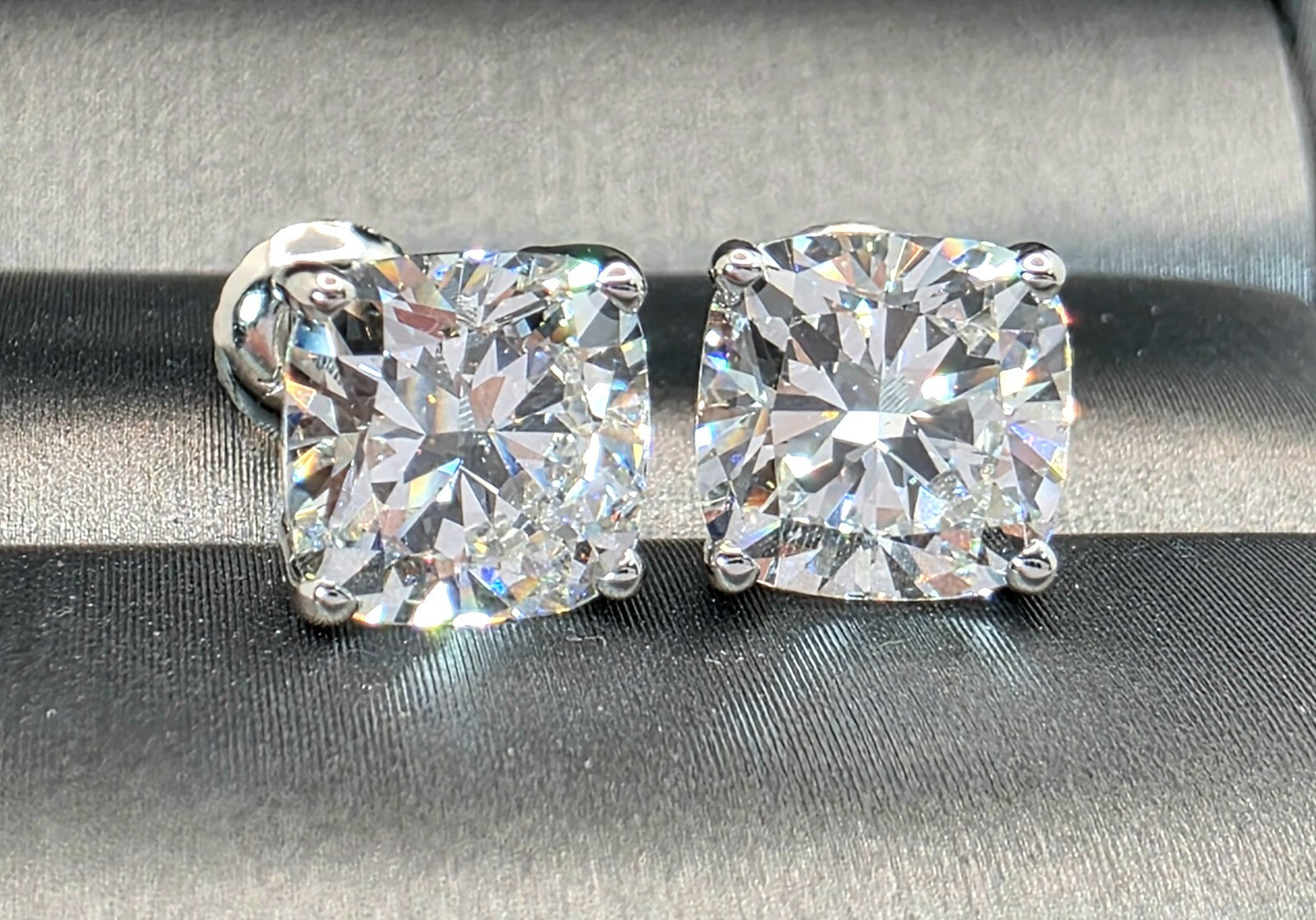 4.00 Cushion D VS1 Lab Grown Diamond Studs IGI Certified 14k White Gold Screw