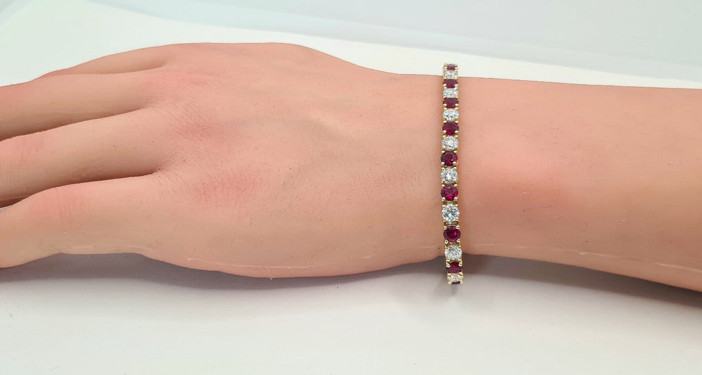 10.82 Carat Lab Grown Ruby & Diamond Tennis Bracelet 14k Yellow Gold