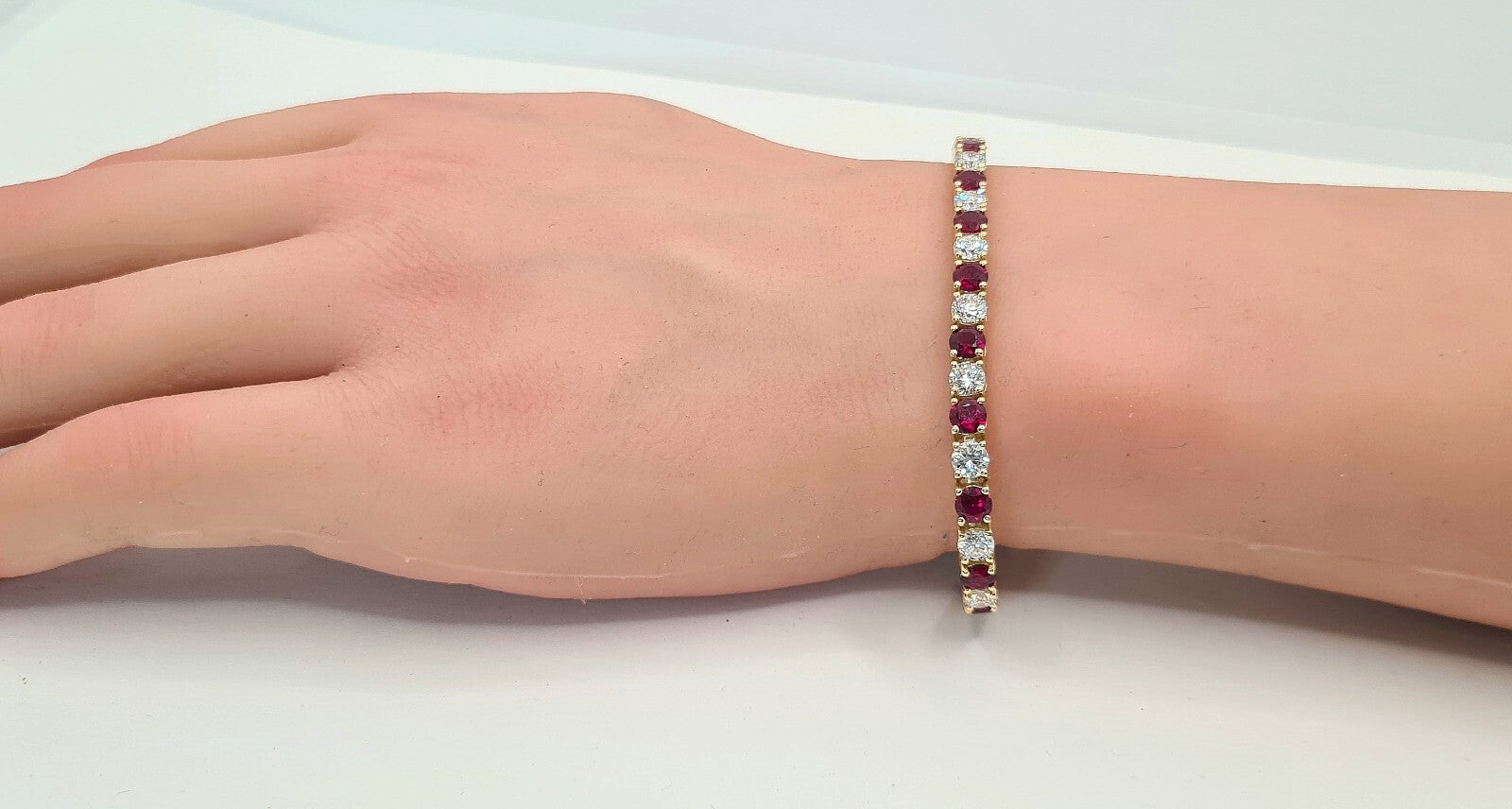 10.82 Carat Lab Grown Ruby & Diamond Tennis Bracelet 14k Yellow Gold