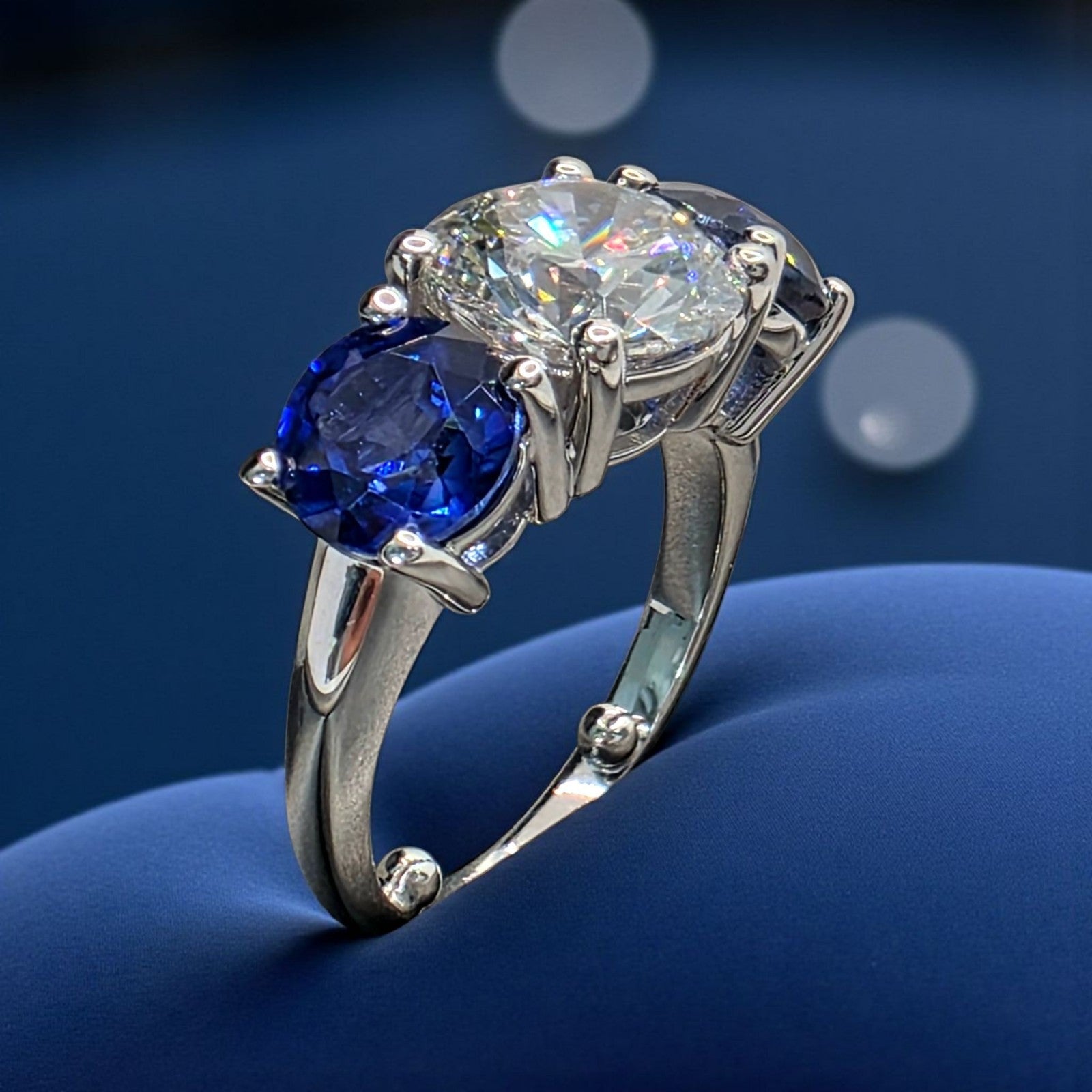 6.00 Ct E VS1 Sapphire and Diamond Lab Grown 3 Stone Ring 14k White Gold