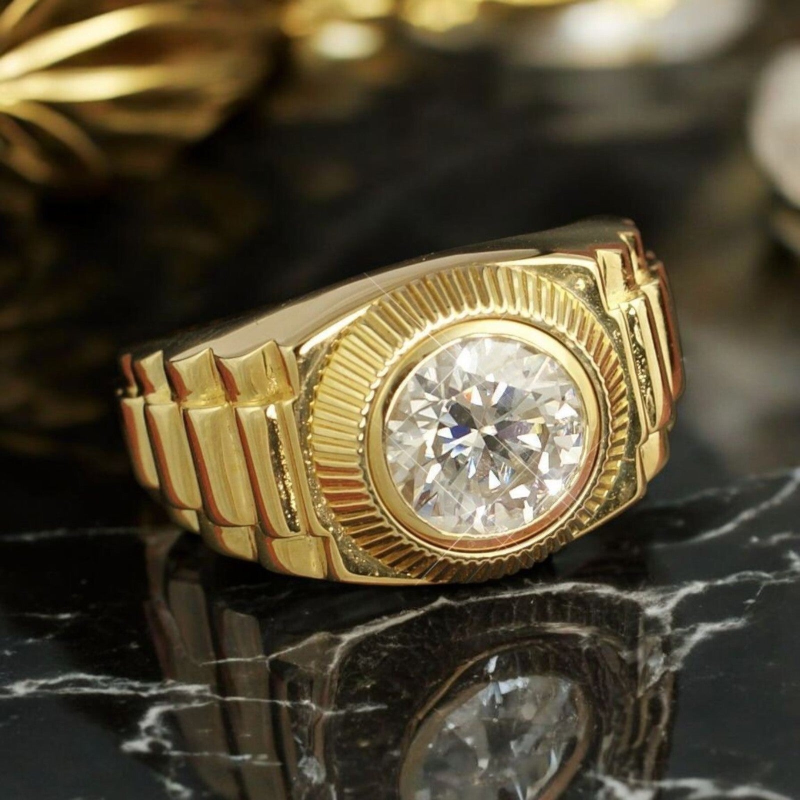 3.00 Ct D VS1 Lab Grown Round Diamond Men's Ring 14k Yellow Gold IGI Certified