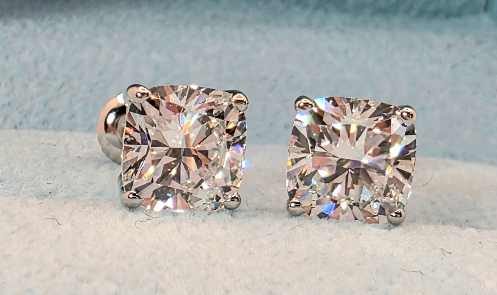 4.00 Cushion D VS1 Lab Grown Diamond Studs IGI Certified 14k White Gold Screw