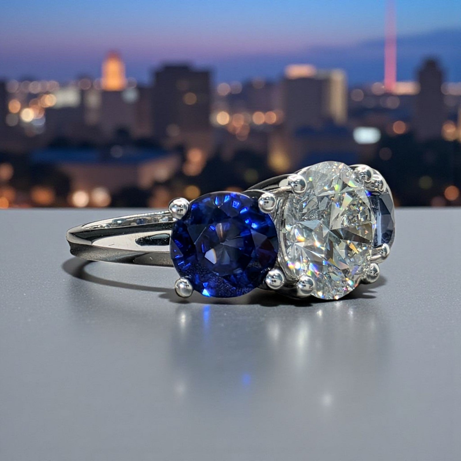 6.00 Ct E VS1 Sapphire and Diamond Lab Grown 3 Stone Ring 14k White Gold