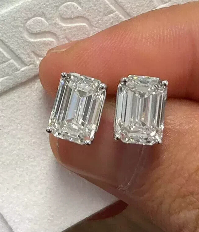 3 Ct Basket Set Emerald Cut E VVS2 Lab Grown Diamond Stud Earrings 14K Gold IGI
