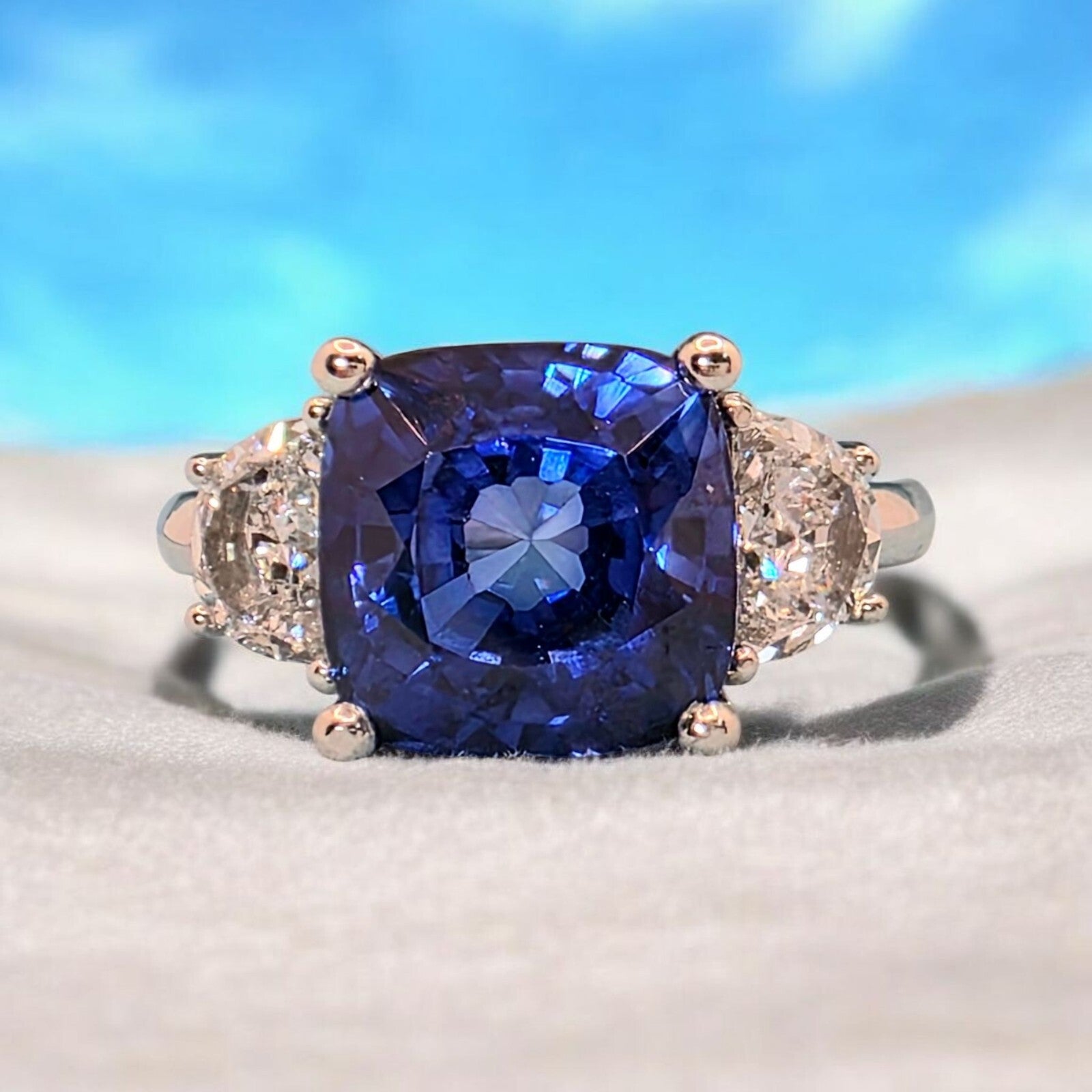 5.60 Ct Cushion Lab Grown Sapphire & Platinum Diamond Ring 14k GIA Authenticated