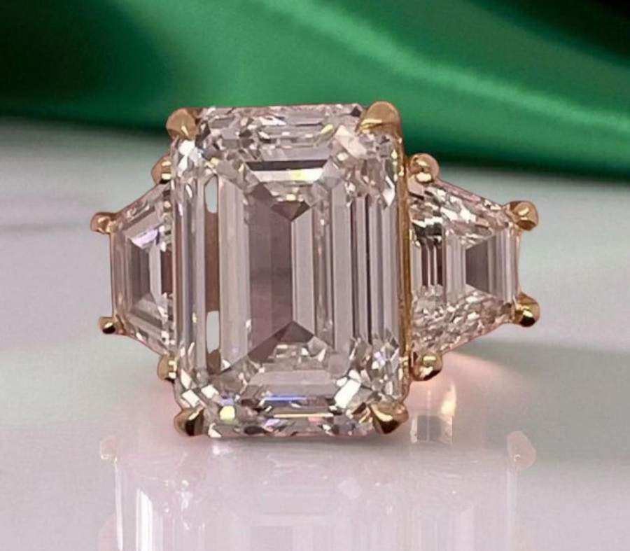 3.80Ct Emerald Cut Lab Grown Diamond Three Stone Engagement Ring 14k Yellow Gold