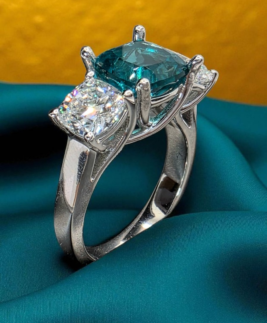 4.00 Ct Cushion Lab Grown Paraiba Tourmaline and Diamond Ring 14k IGI GIA