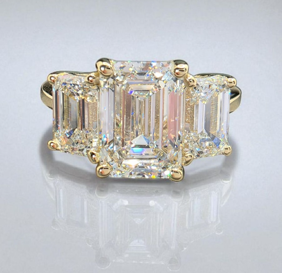 5 Carat IGI CERTIFIED D VS1 Emerald Cut Lab Grown Diamond Three Stone Ring 14k