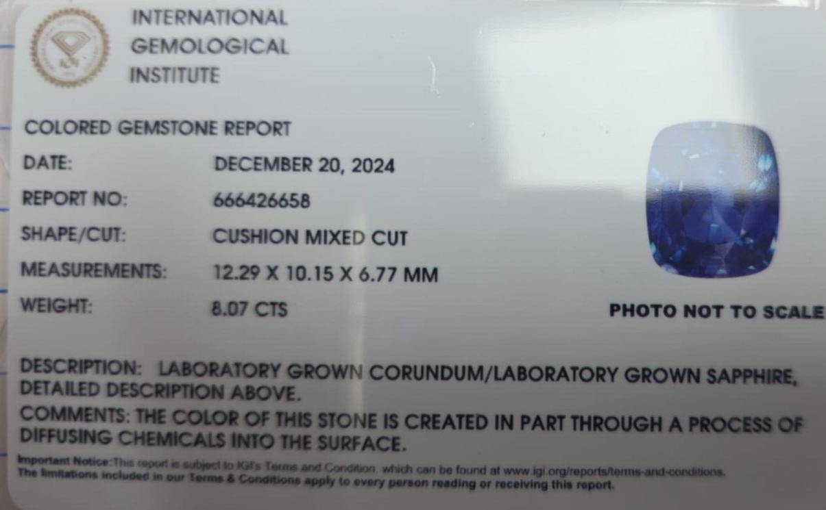 9.43 Ct Cushion Lab Grown Sapphire and Diamond Ring 14k GIA Authenticated