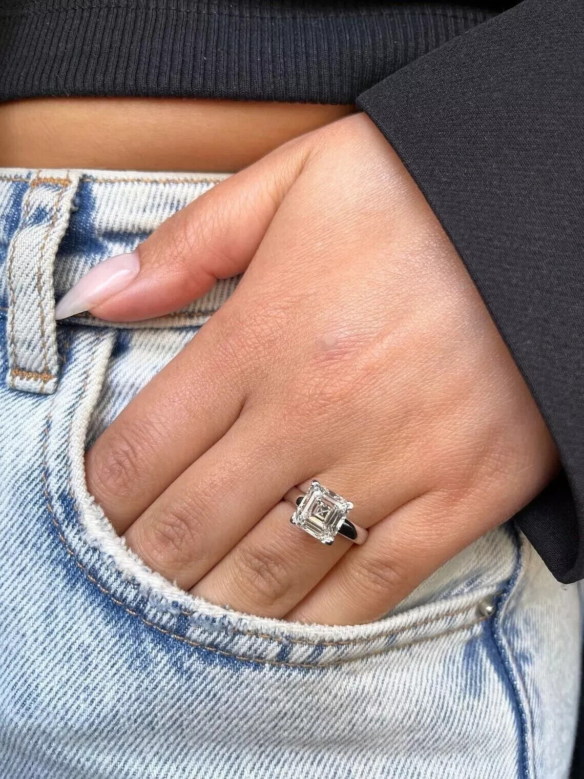 HUGE 5 Carat IGI Certified F VS1 Clarity Asscher Cut Lab Grown Diamond Ring 14k