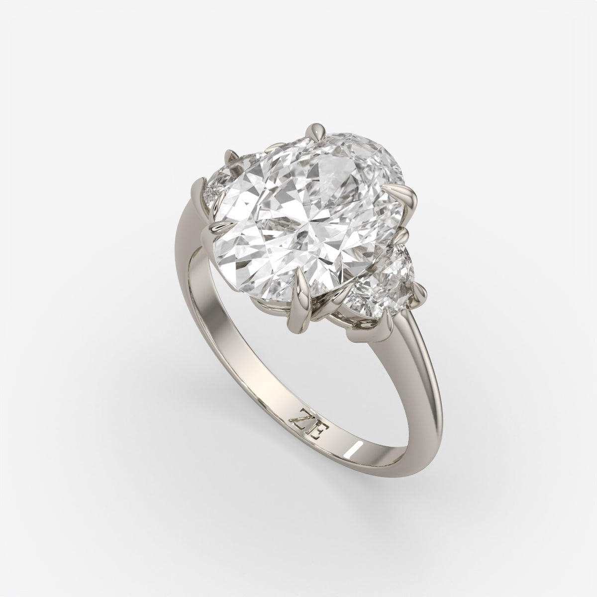 6.00 Ct Oval 3 Stone Ring With Half Moon Accents, view 2