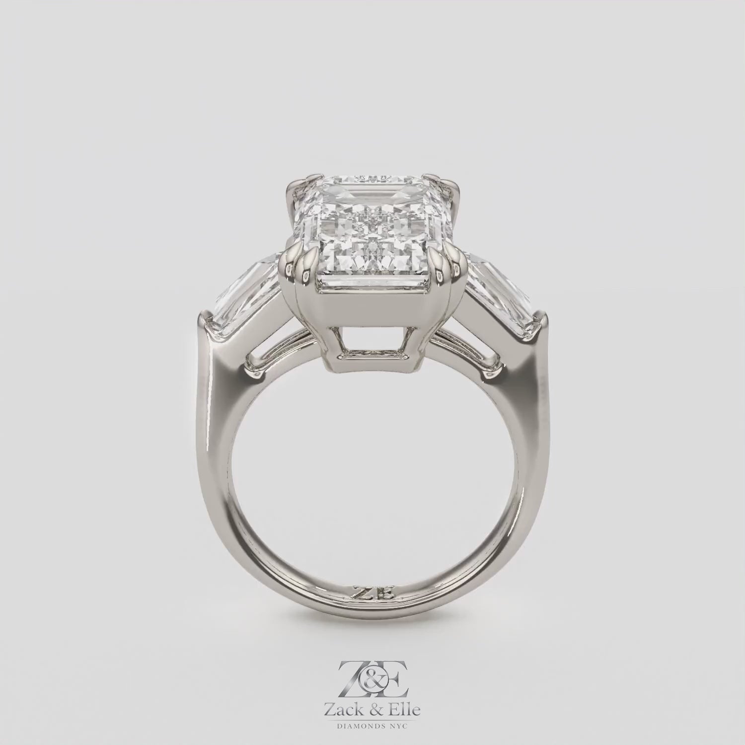 6.70 Ct F VS1 Emerald Cut Three Stone Diamond Ring With Tapered Baguettes, in white gold, 360 spin