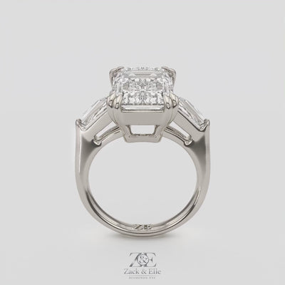 6.70 Ct F VS1 Emerald Cut Three Stone Diamond Ring With Tapered Baguettes, in white gold, 360 spin
