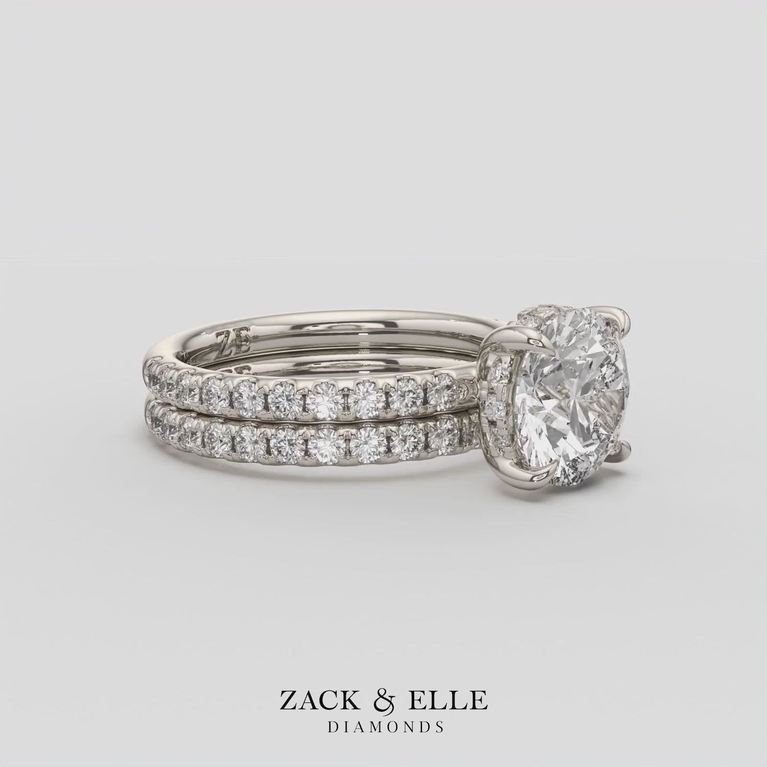 3.00 Ct D VS1 Round Diamond Halo Engagement Ring with Matching Band, in white gold, 360 spin